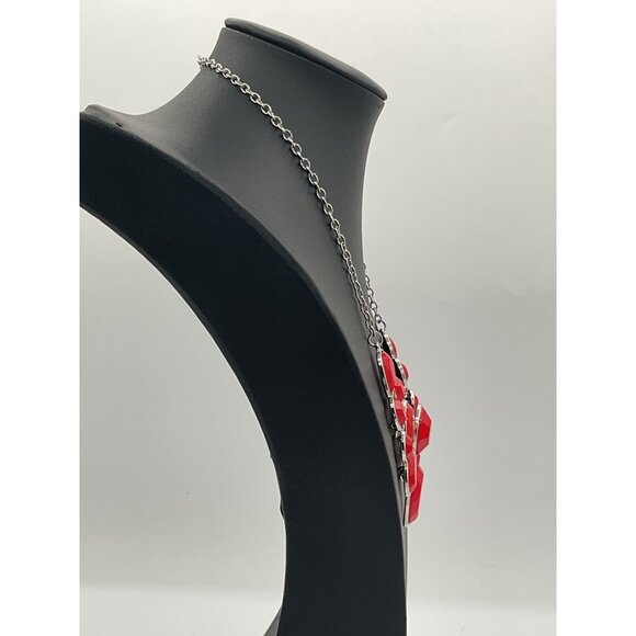 Red Statement Necklace With Oval Resin Stones & Silver Chain Lobster Clasp - Picture 2 of 4